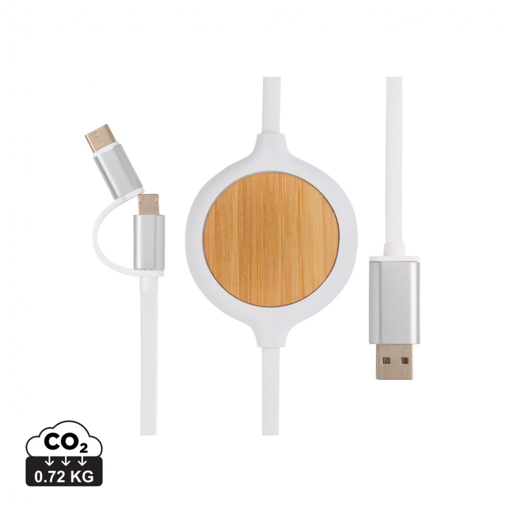 Logotrade Firmengeschenke das Foto: 3-in-1 Kabel mit 5W Bambus Wireless Charger