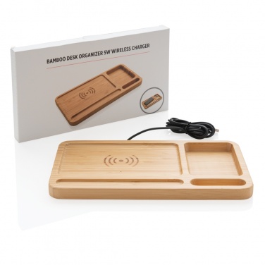 Logotrade Firmengeschenke das Foto: Bambus Schreibtisch-Organizer mit 5W Wireless Charger