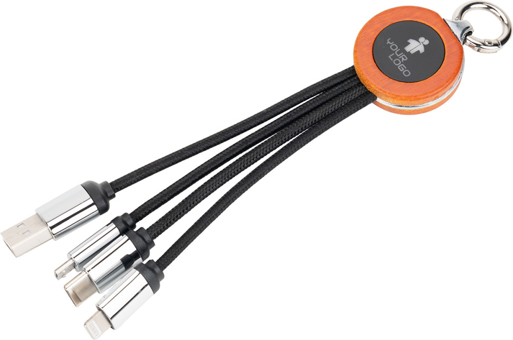 Logotrade Geschäftsgeschenke das Foto: 4-in-1-Kabel mit elighted-Logo im Holzgehäuse