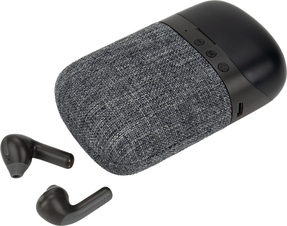 Logotrade Werbeartikel das Foto: Bluetooth-Lautsprecher HF01 mit integrierten Ohrhörern 2 in 1