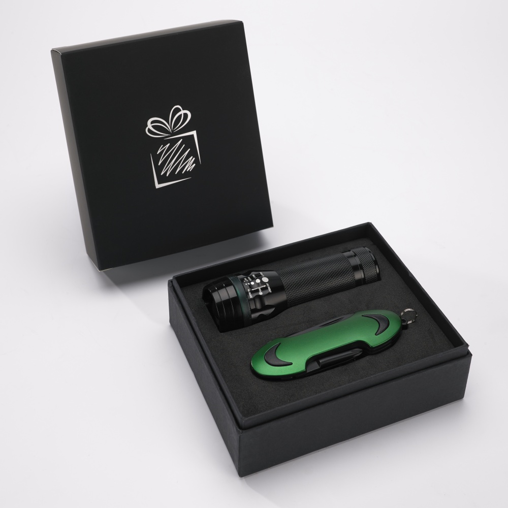 Logo trade promotional gift photo of: SET COLORADO I: LED TORCH AND A POCKET KNIFE, green