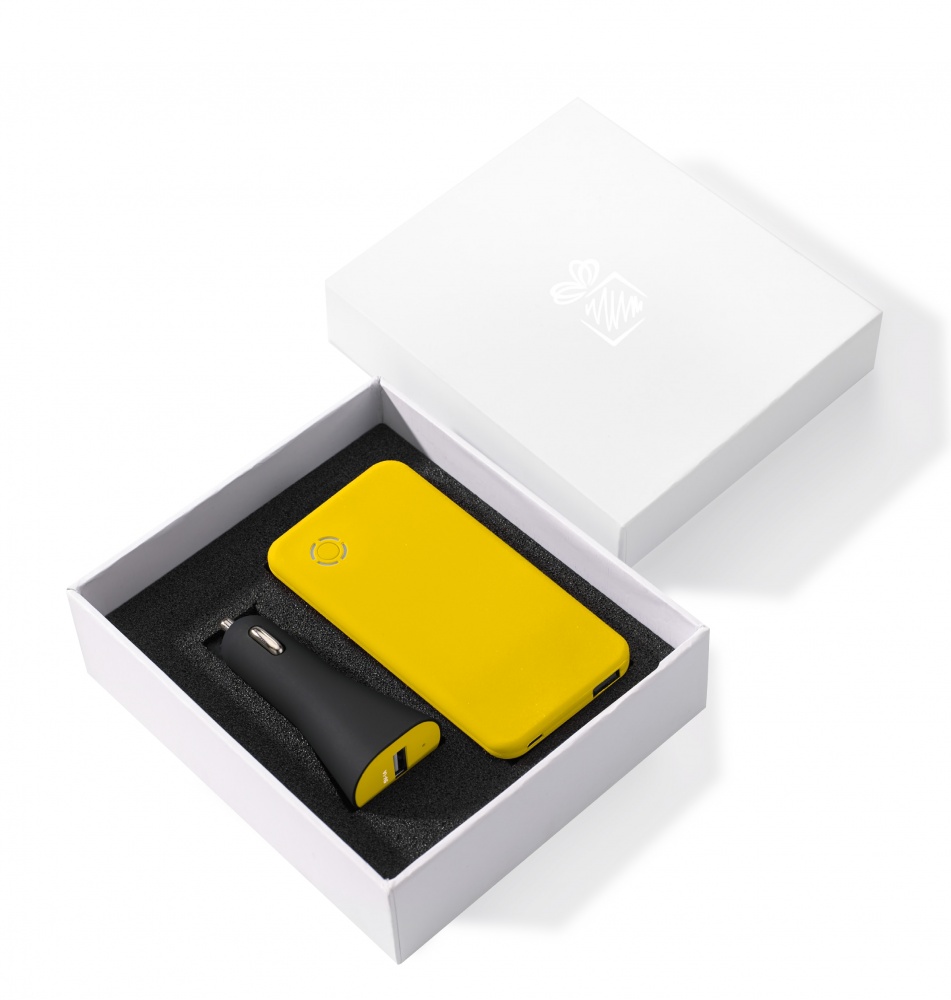 Logo trade promotional merchandise picture of: SET: RAY POWER BANK 4000 mAh &CAR CHARGER RUBBY, yellow