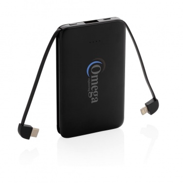 Logo trade promotional gifts image of: 5.000 mAh Pocket Powerbank with integrated cables, black