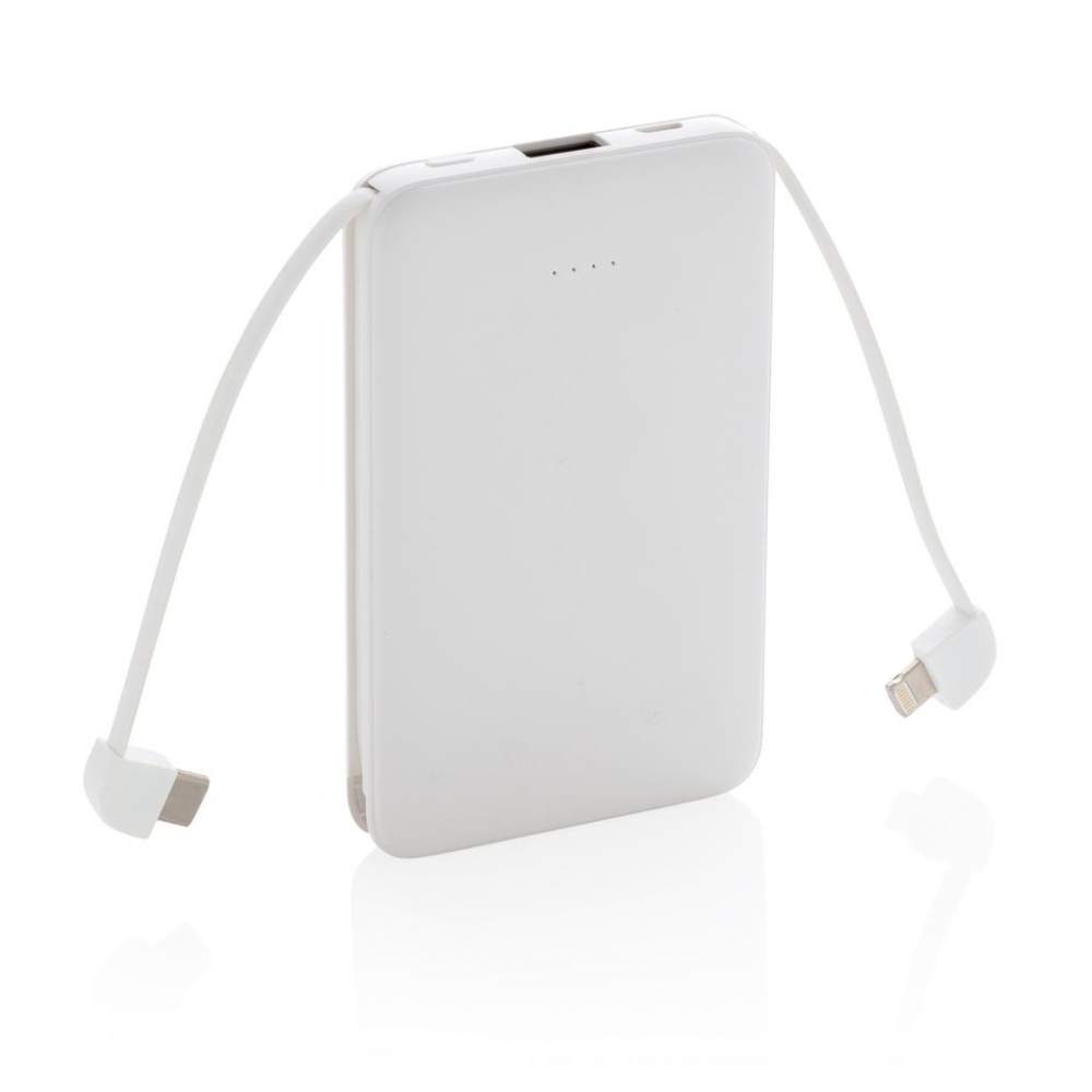 Logotrade promotional product picture of: 5.000 mAh Pocket Powerbank with integrated cables, white