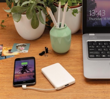 Logo trade promotional gifts image of: 5.000 mAh Pocket Powerbank with integrated cables, white