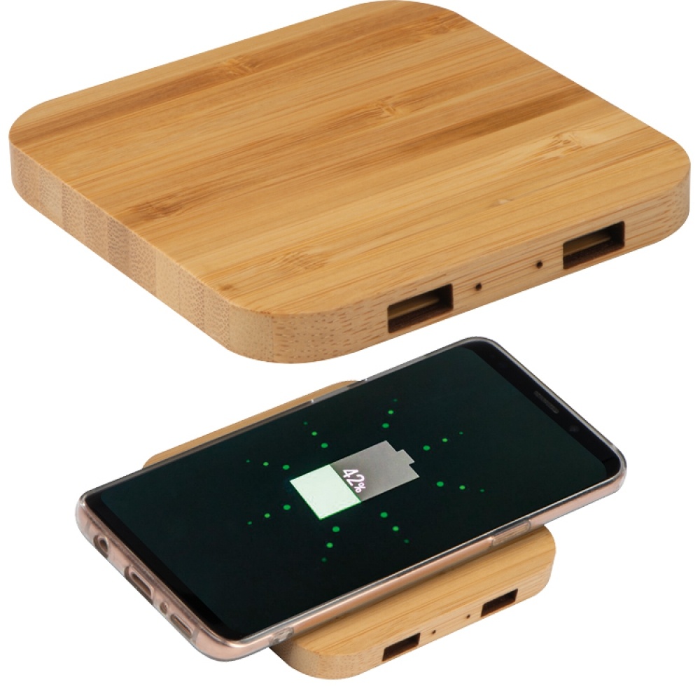 Logotrade promotional giveaway image of: Bamboo Wireless Charger with 2 USB ports, Beige