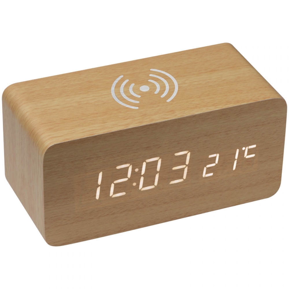 Logotrade corporate gift picture of: Desk clock with integrated wireless charger, beige