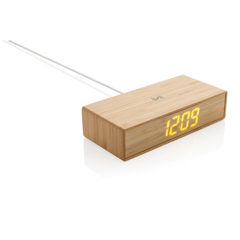 Logotrade promotional product picture of: Bamboo alarm clock with 5W wireless charger, brown