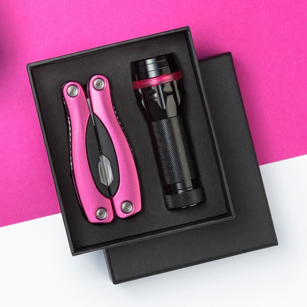 Logo trade advertising products image of: Gift set Colorado II - torch & large multitool, pink