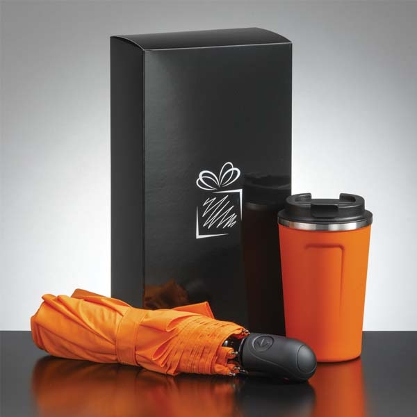 Logo trade corporate gifts picture of: Traveller set: thermal mug 350 ml and full automatic umbrella, orange