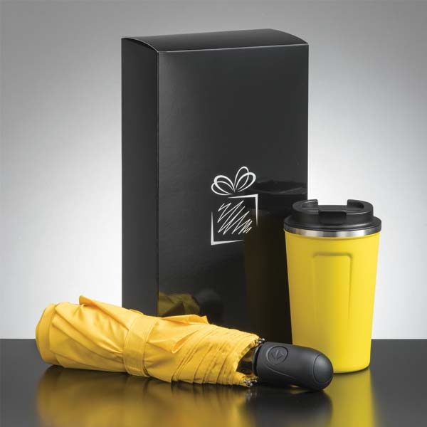 Logotrade corporate gift image of: Traveller set: thermal mug 350 ml and full automatic umbrella, yellow