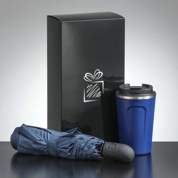 Logo trade promotional gift photo of: Traveller set: thermal mug 350 ml and full automatic umbrella, blue