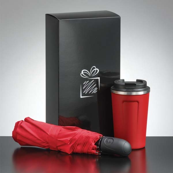 Logo trade promotional gifts image of: Traveller set: thermal mug 350 ml and full automatic umbrella, red