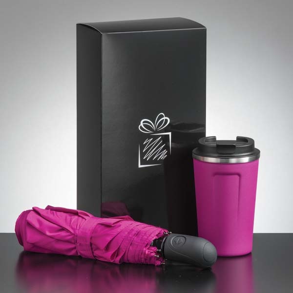 Logotrade advertising product picture of: Traveller set: thermal mug 350 ml and full automatic umbrella, pink