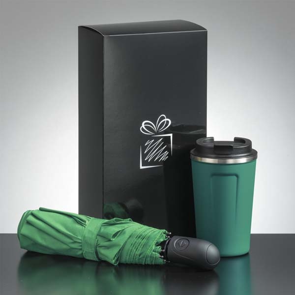 Logo trade corporate gifts image of: Traveller set: thermal mug 350 ml and full automatic umbrella, green