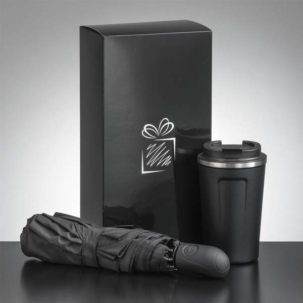 Logotrade corporate gift image of: Traveller set: thermal mug 350 ml and full automatic umbrella, black