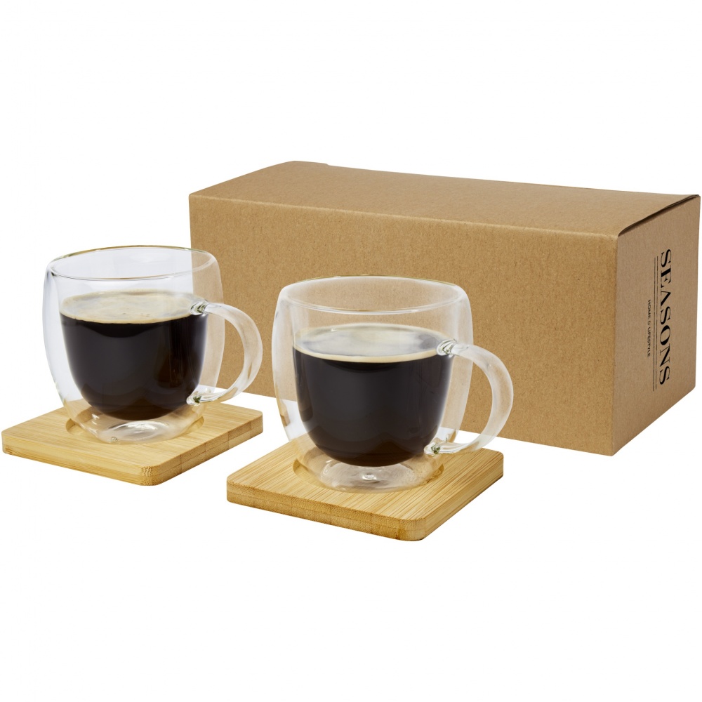 Logotrade promotional merchandise picture of: Manti 2-piece 250 ml double-wall glass cup with bamboo coaster 