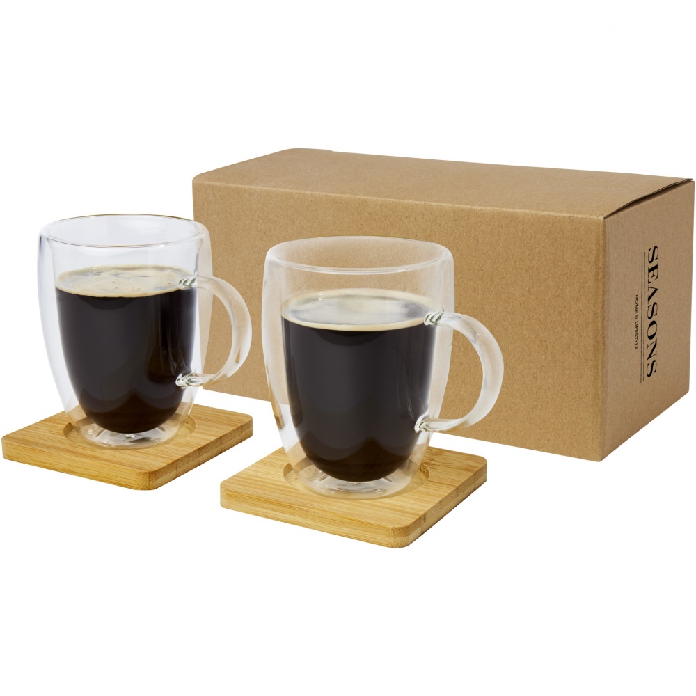 Logo trade corporate gifts image of: Manti 2-piece 350 ml double-wall glass cup with bamboo coaster 