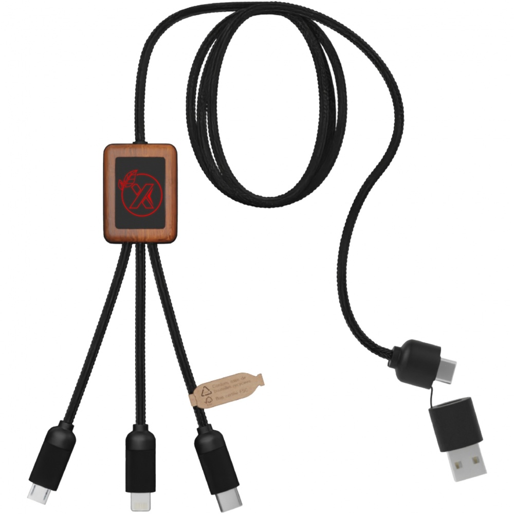 Logo trade corporate gifts image of: SCX.design C38 5-in-1 rPET light-up logo charging cable with squared wooden casing