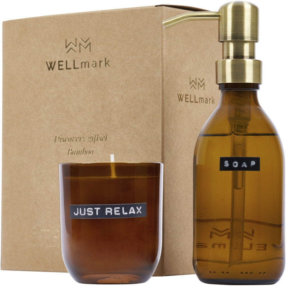 Logo trade promotional products picture of: Wellmark Discovery 200 ml hand soap dispenser and 150 g scented candle set - bamboo fragrance