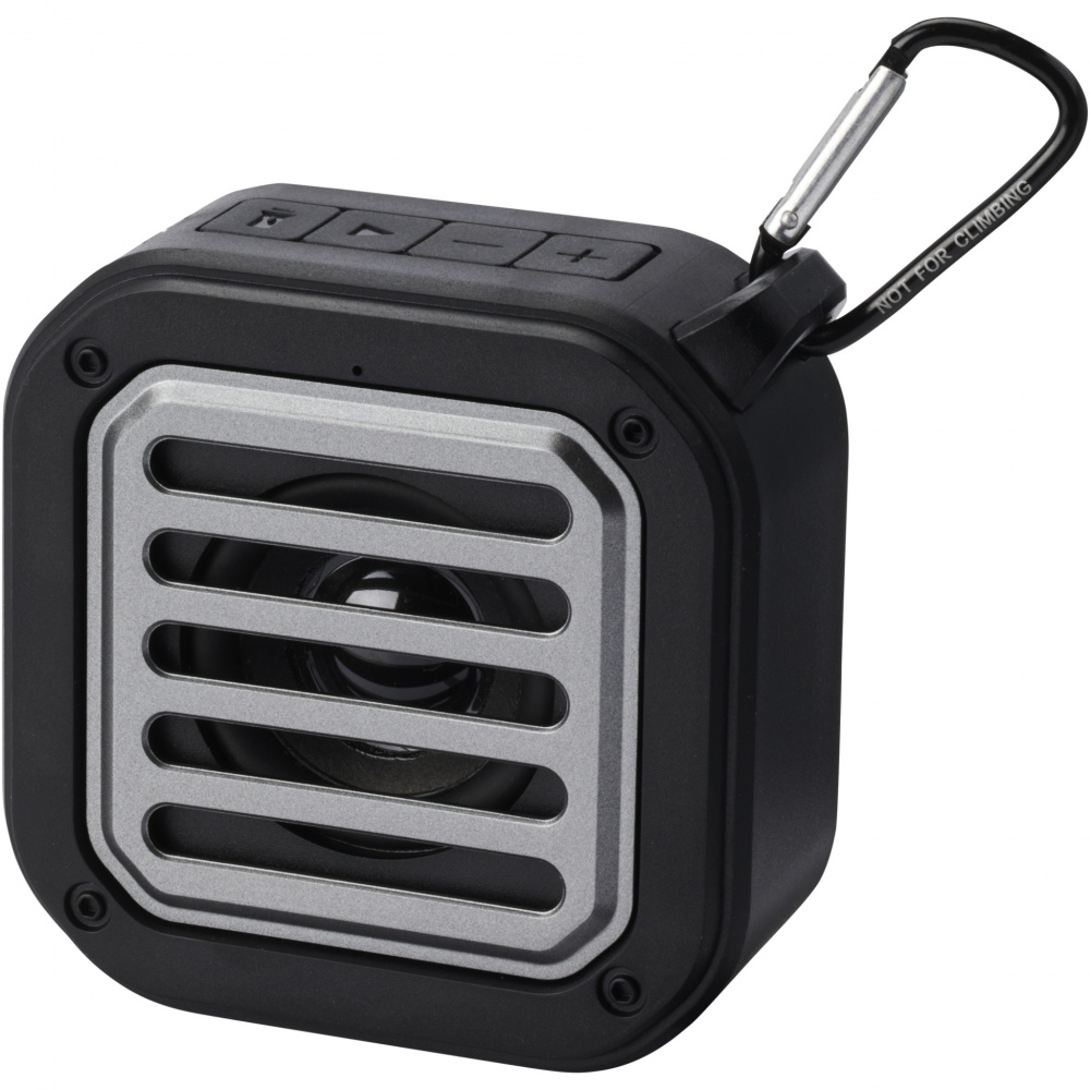 Logotrade promotional product picture of: Solo 3W IPX5 RCS recycled plastic solar Bluetooth® speaker with carabiner 