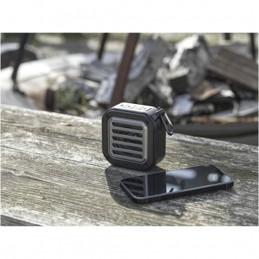 Logotrade business gift image of: Solo 3W IPX5 RCS recycled plastic solar Bluetooth® speaker with carabiner 