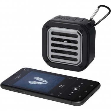 Logo trade business gifts image of: Solo 3W IPX5 RCS recycled plastic solar Bluetooth® speaker with carabiner 