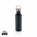 Modern stainless steel bottle with bamboo lid, blue