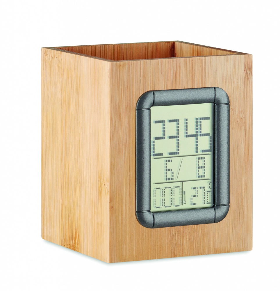 Logotrade promotional giveaway picture of: Bamboo pen holder and LCD clock