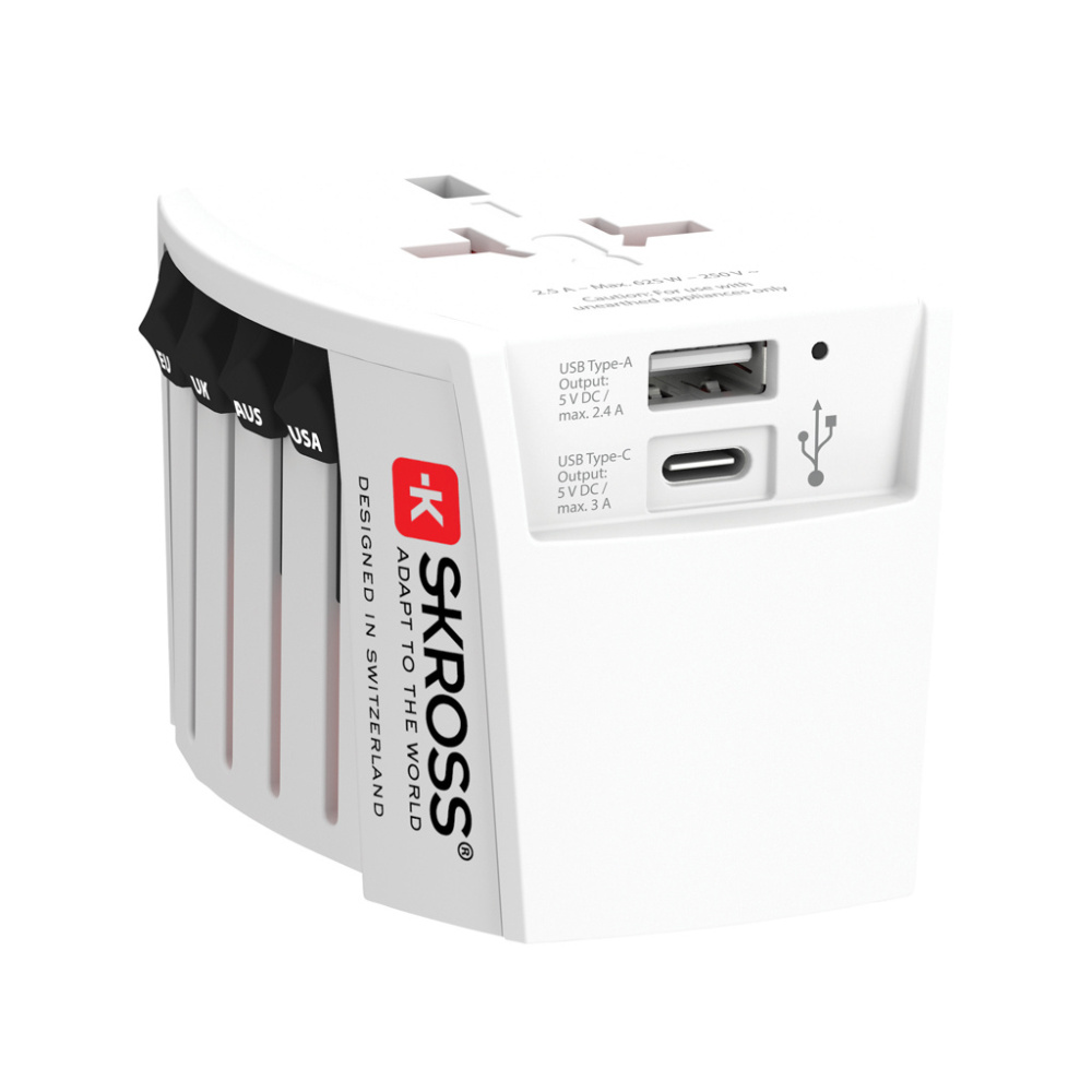 Logo trade promotional item photo of: SKROSS World Travel Adapter MUV 2-pole with USB A and C