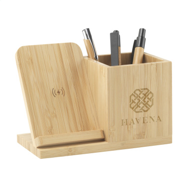 Logo trade corporate gifts picture of: Bamboo Boss 15W charger/pen holder