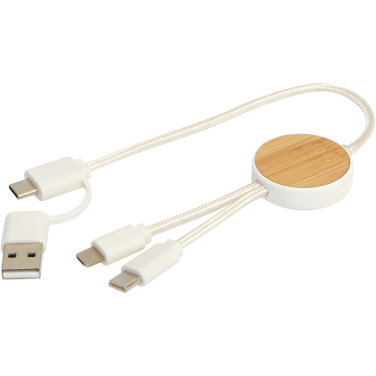 Logotrade promotional item image of: Chechia 5-in-1 recycled plastic 30 cm data sync and 27W fast charge cable with bamboo details