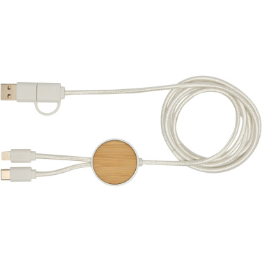 Logotrade promotional product image of: Chechia 5-in-1 recycled plastic 150 cm data sync and 27W fast charge cable with bamboo details