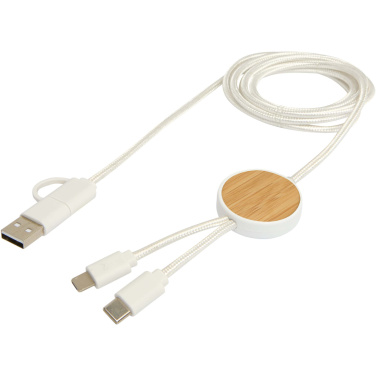 Logotrade promotional merchandise picture of: Chechia 5-in-1 recycled plastic 150 cm data sync and 27W fast charge cable with bamboo details