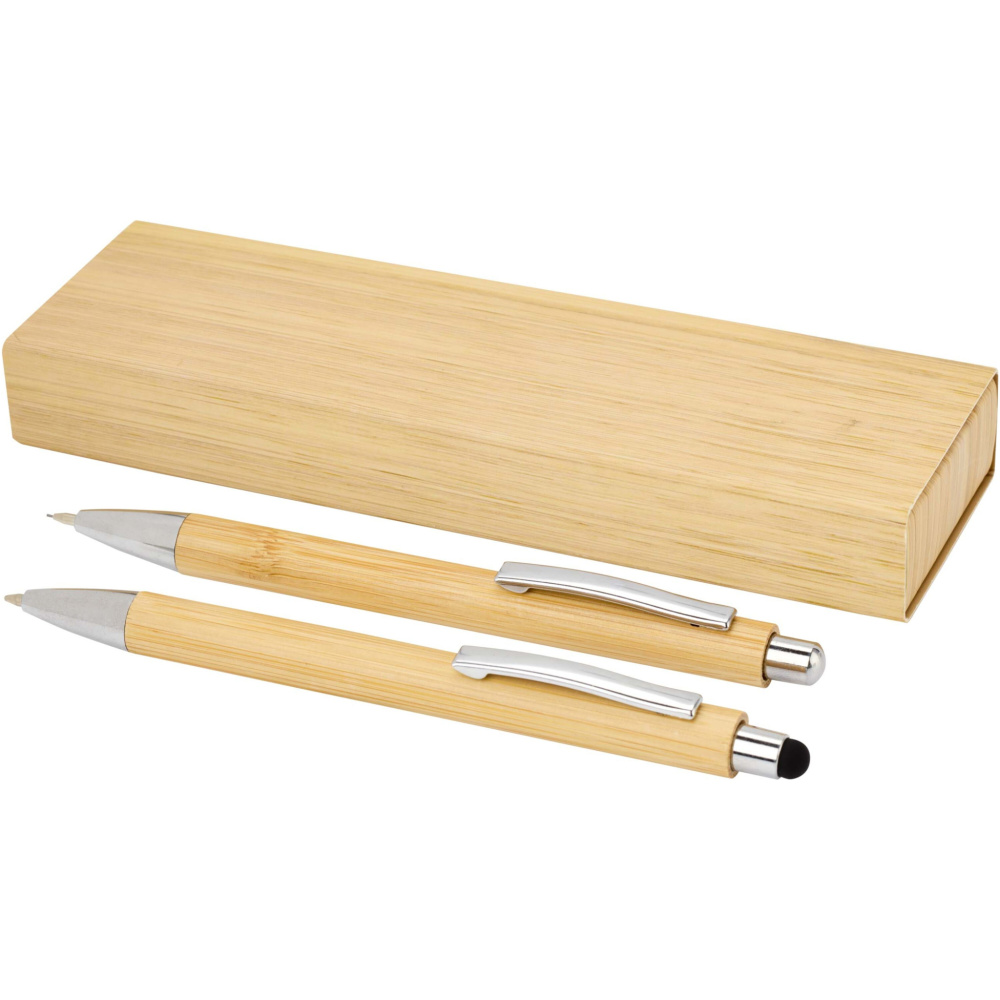 Logo trade promotional item photo of: Oblys bamboo ballpoint pen and mechanical pencil set (black ink)