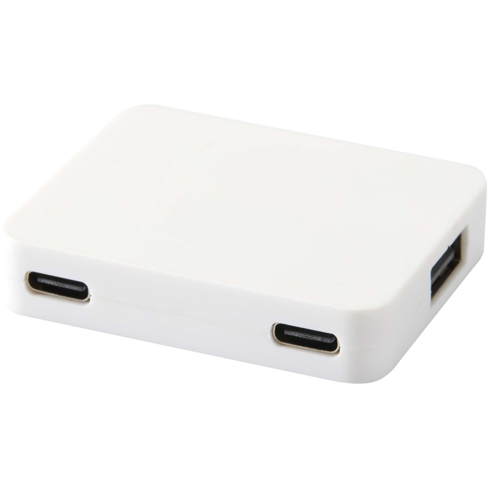 Logotrade advertising product picture of: Gaia 4-port USB hub with USB-A and Type-C output and dual input - made from recycled plastic