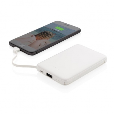 Logotrade liikelahja tuotekuva: Reklaamtoode: 5.000 mAh Pocket Powerbank with integrated cables, white