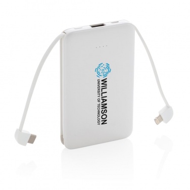 Logotrade liikelahja tuotekuva: Reklaamtoode: 5.000 mAh Pocket Powerbank with integrated cables, white