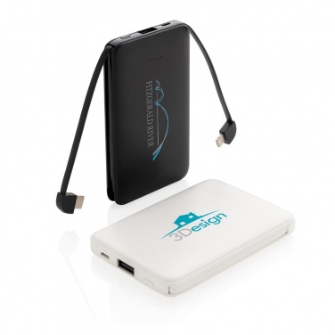 Logotrade liikelahja tuotekuva: Reklaamtoode: 5.000 mAh Pocket Powerbank with integrated cables, white