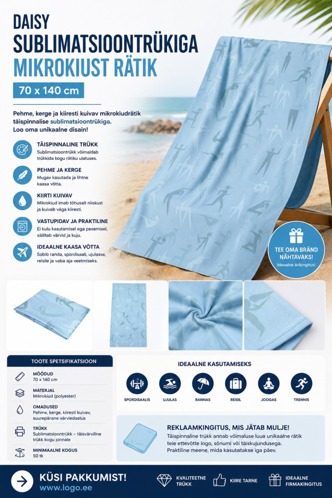 Logo trade mainostuotet tuotekuva: Daisy kevyt sublimaatiopainettu pyyhe 70 × 140 cm