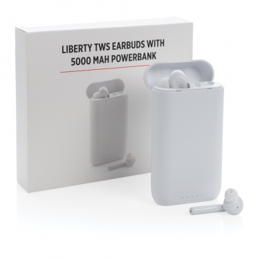 Logotrade presentreklam bild: Liberty TWS öronsnäckor med 5.000 mAh powerbank