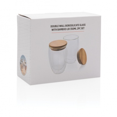 Logotrade reklamprodukter bild: Dubbelväggigt borosilikatglas med bambulock, 350ml, 2-pack